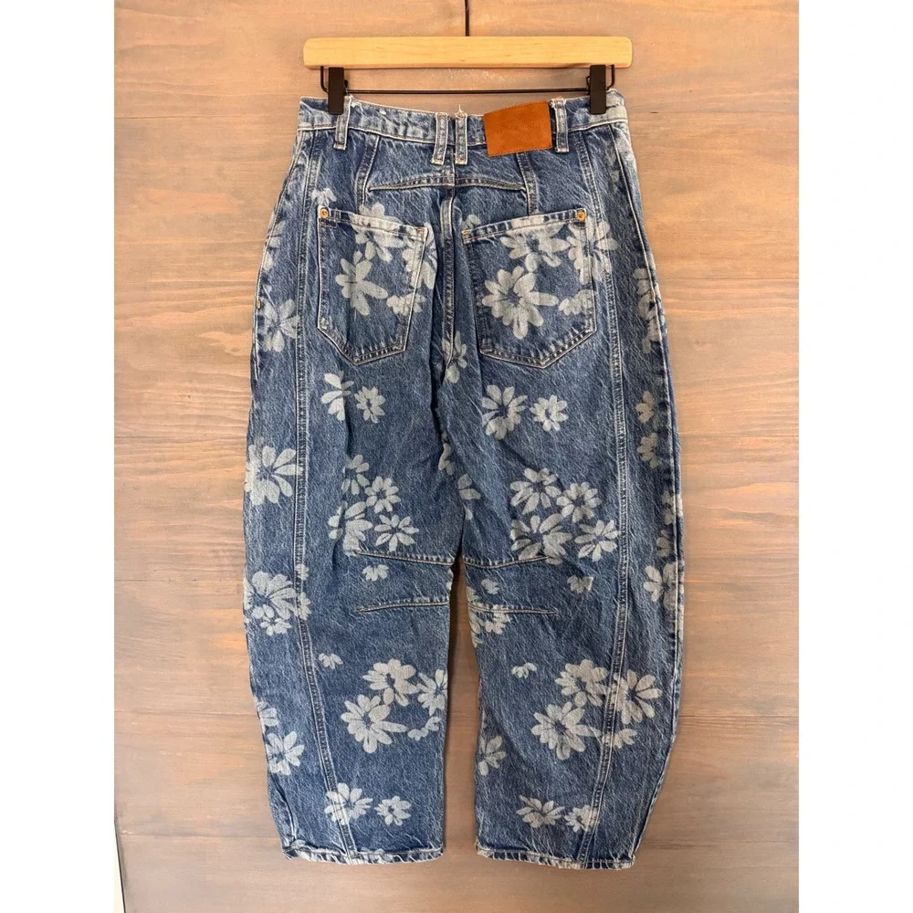 Free People We The Free Good Luck Printed Barrel Jeans Laser Daisy Blue Floral